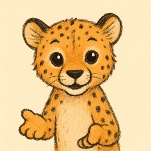 Curio, a hand-drawn cheetah cub, smiling and explaining something